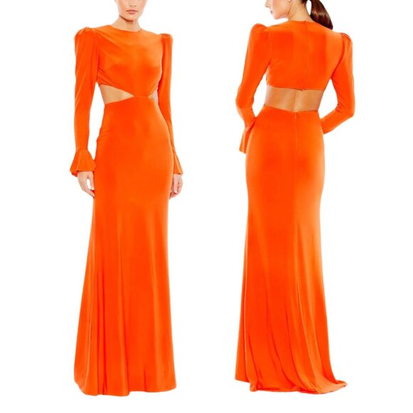 Mac Duggal Orange Long Sleeve Cutout Ruffle Cuffs Fitted Floor Length Dress Sz 0 - Picture 4 of 10